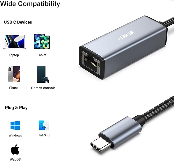 BENFEI USB A/C to RJ45 Adapter New USB 2.0 to 100 Gigabit Ethernet LAN Network Adapter