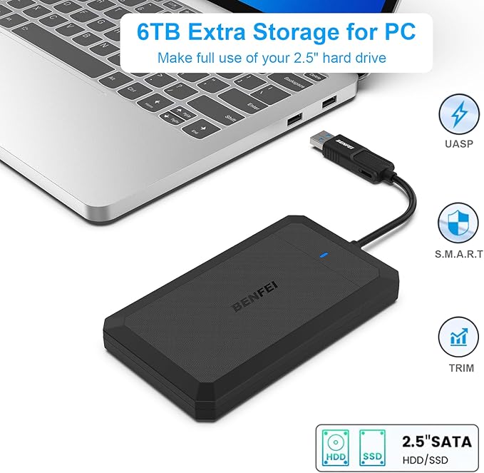 BENFEI 2.5 Inch SATA to USB Tool Free External Hard Drive Enclosure, USB Type-C/Type-A to Sata Compatible for 2.5 Inch SSD(Optimized for SSD, Support UASP SATA III)